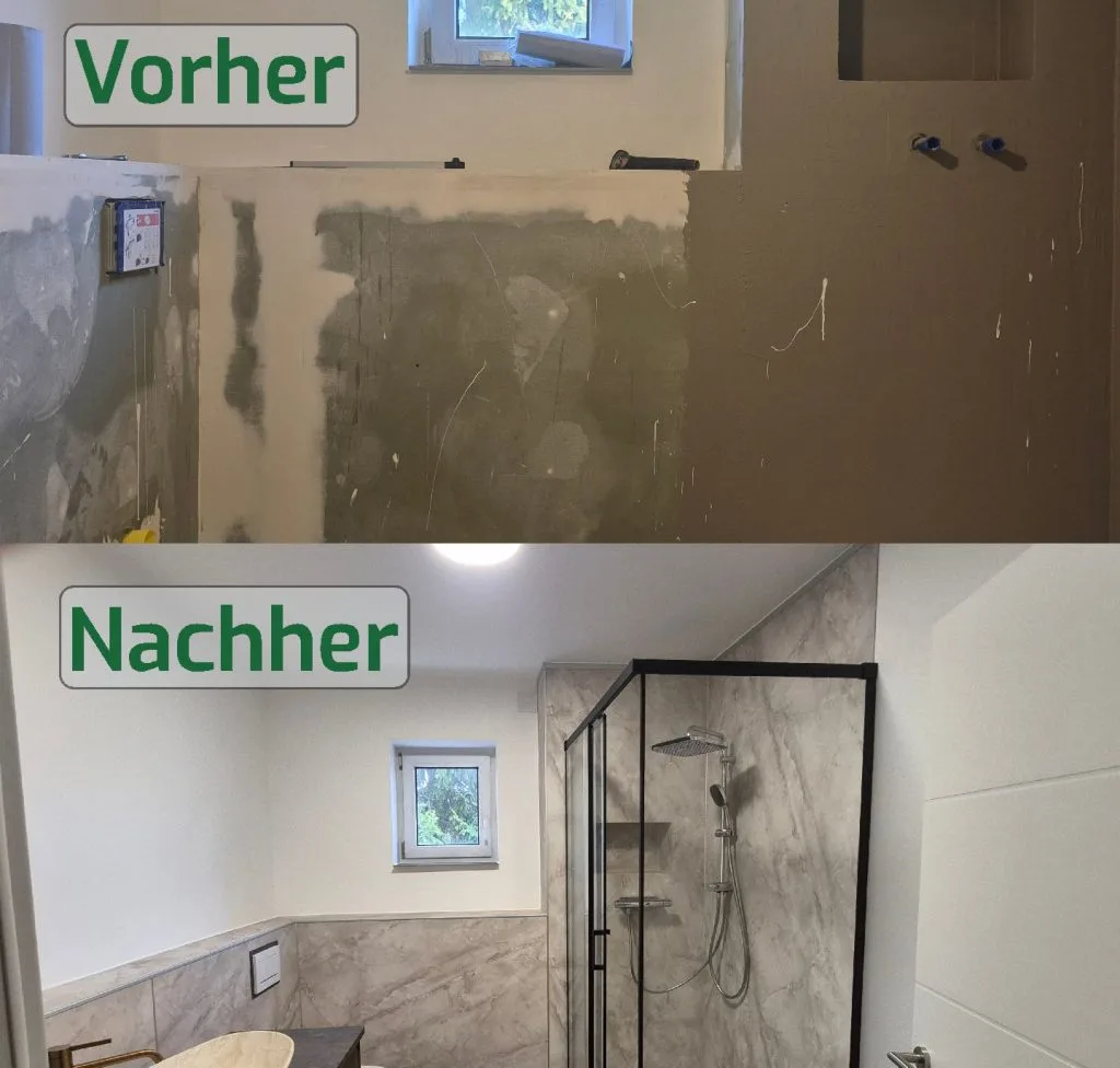 Vorher-Nachher-Vergleich: Bad im Rohbau und fertig mit Wandplatten in Marmoroptik